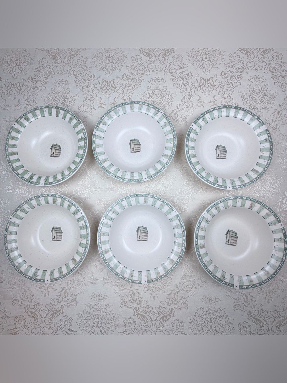 Pfaltzgraff Naturewood White Cereal or Soup Bowls with Cabin Motif, Set of 6